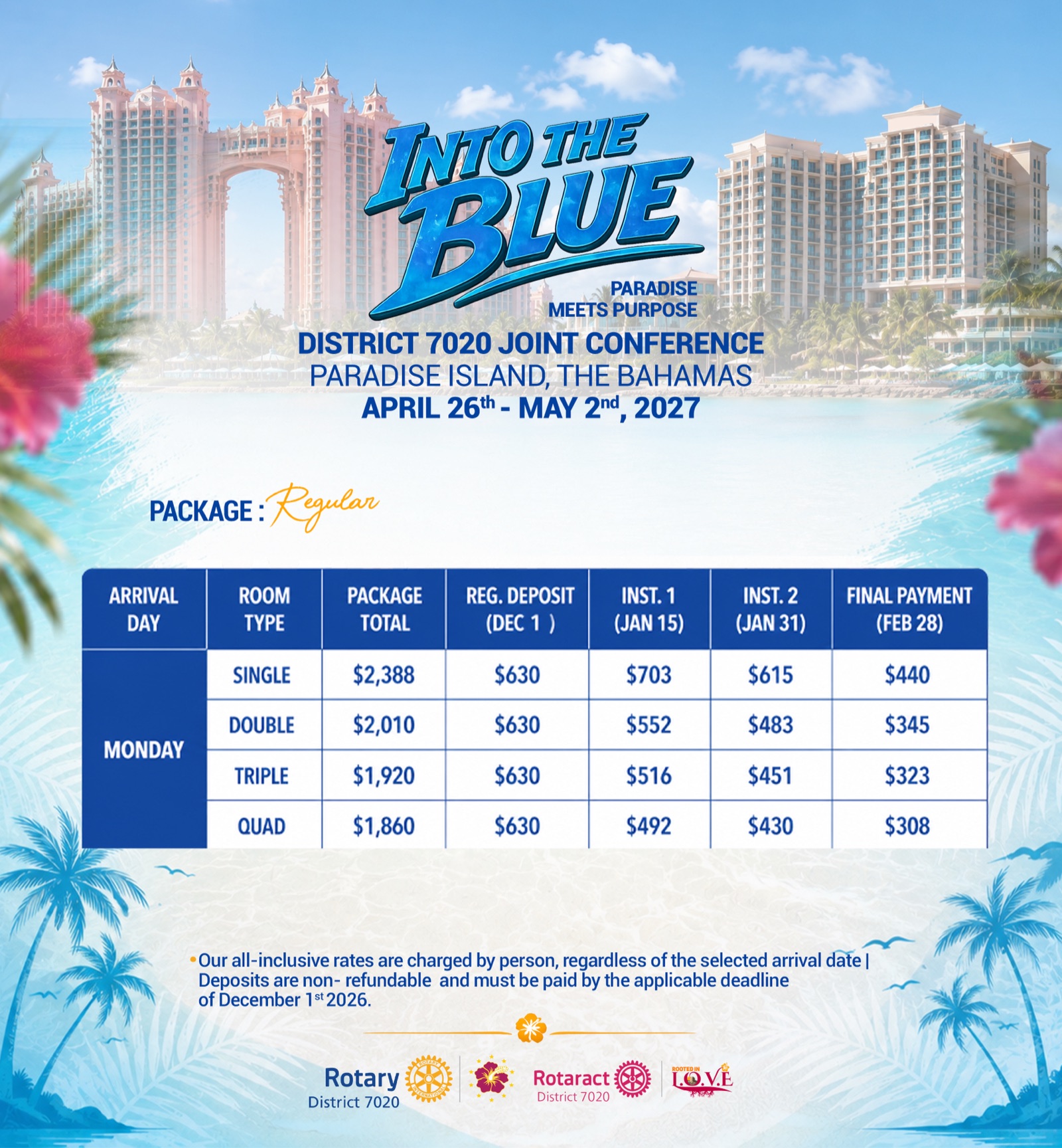 Official pricing flyer — Monday Arrival Package