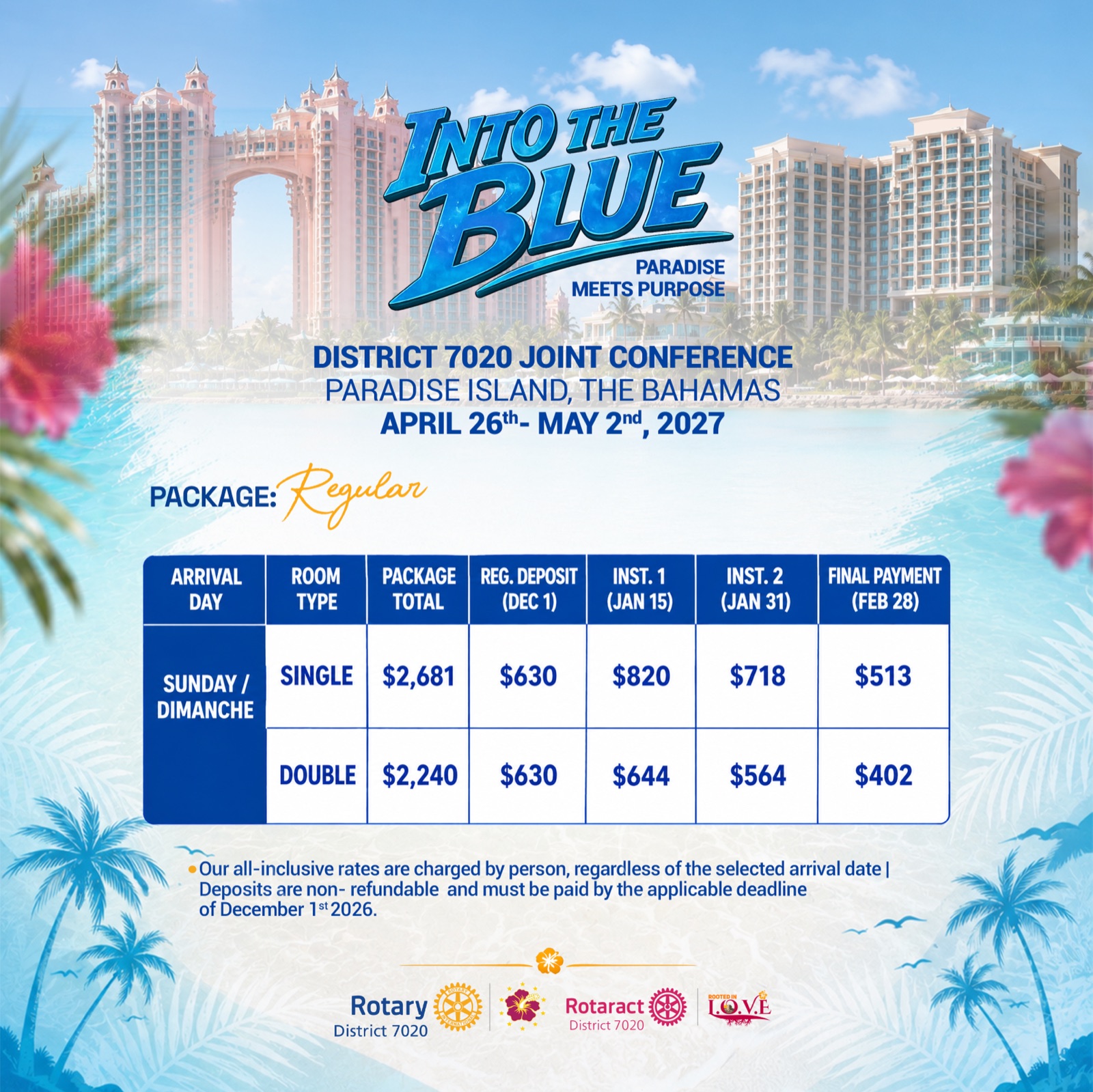 Official pricing flyer — Sunday Arrival Package