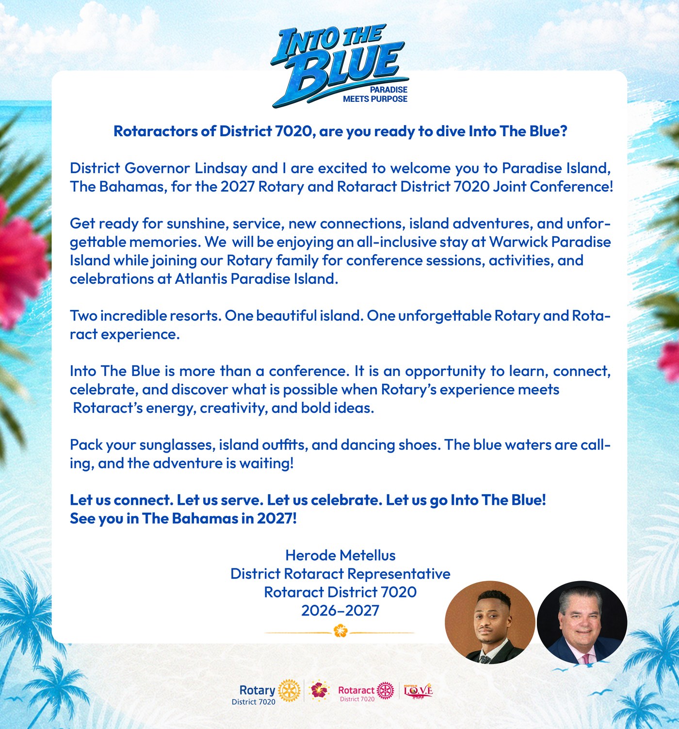 A message from Herode Metellus, District Rotaract Representative, District 7020 — welcoming Rotaractors to Into The Blue